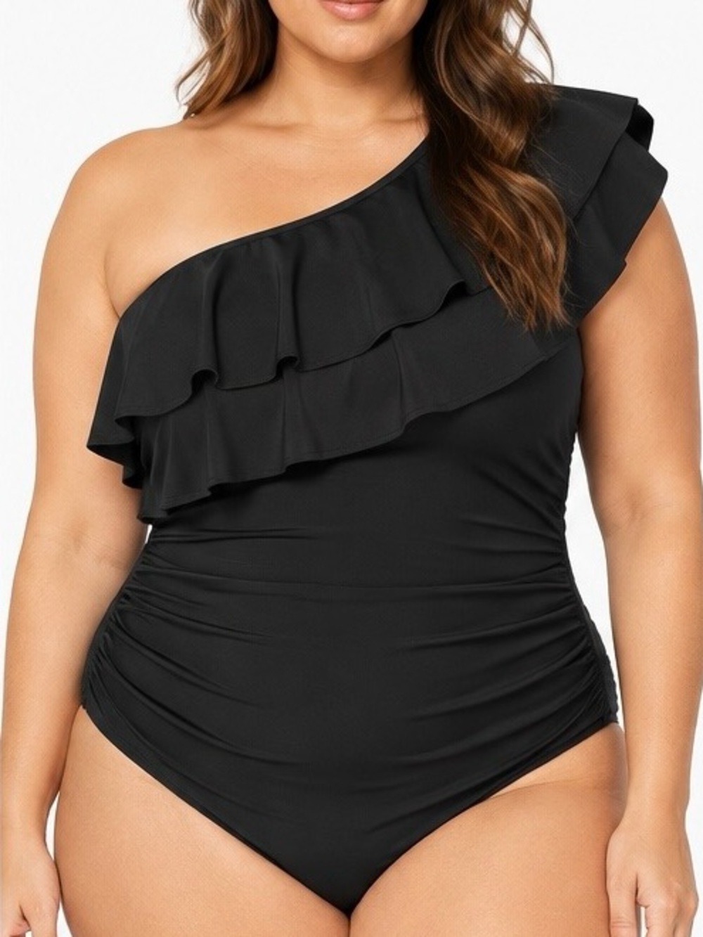 Cacique Swimsuit 20 Black One Shoulder Ruffle One Piece Wireless Plus Size NWT